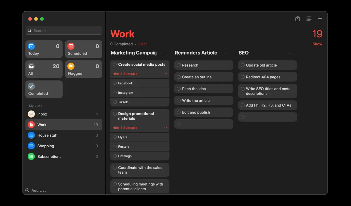 Chế độ xem cột Kanban trong ứng dụng Reminders