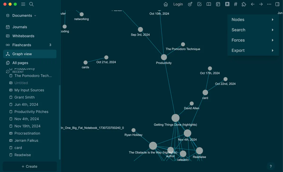 Chế độ xem đồ thị (Graph View) trong Logseq hiển thị các liên kết giữa các khái niệm liên quan đến năng suất, minh họa sự kết nối sâu sắc trong hệ thống PKM.
