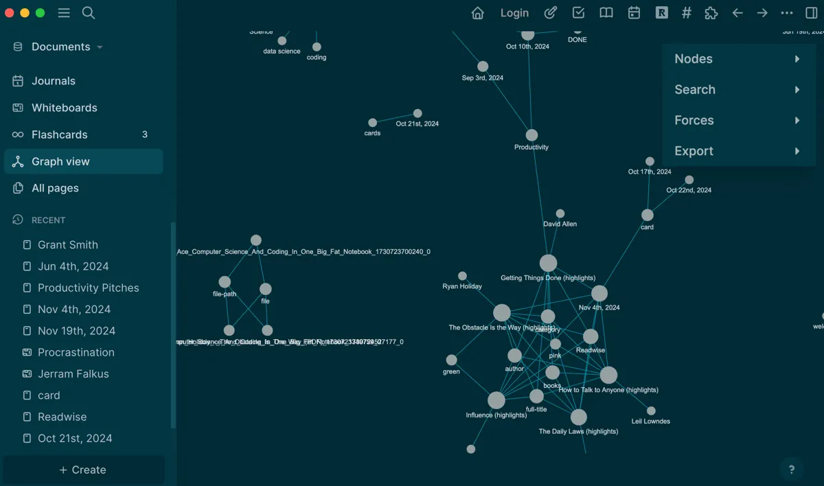 Chế độ xem đồ thị (graph view) trong Logseq, minh họa khả năng kết nối ý tưởng và ứng dụng kiến thức sáng tạo