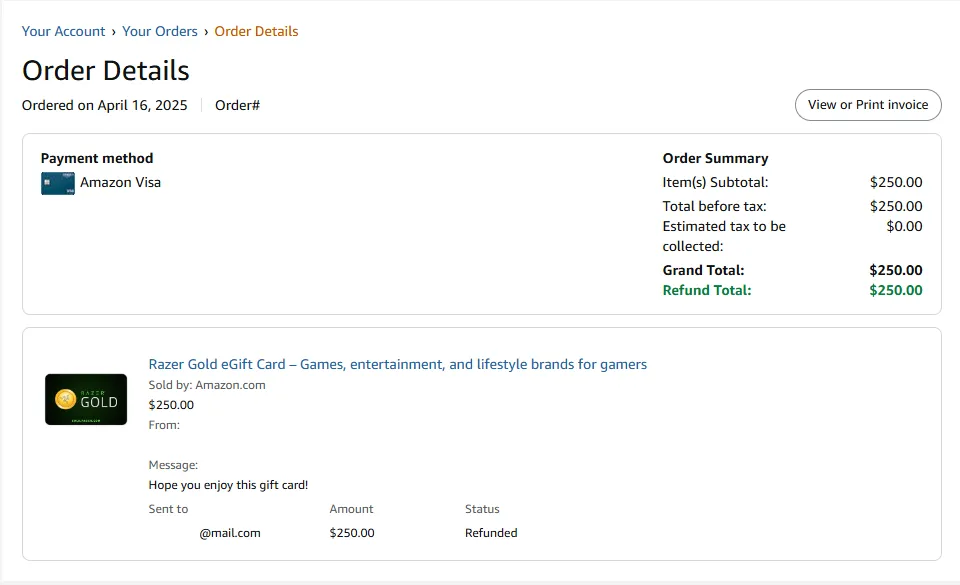 Chi tiết đơn hàng thẻ quà tặng Razer Gold 250 USD bị mua trái phép trên tài khoản Amazon.