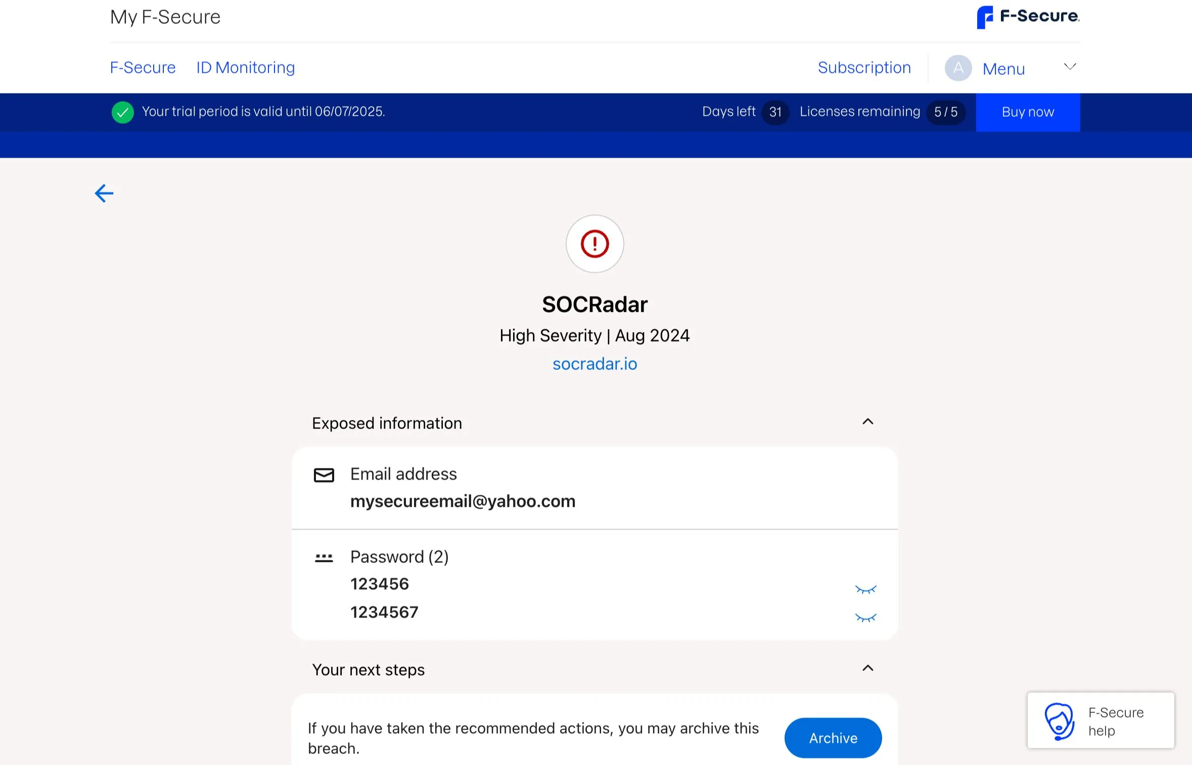 Chi tiết một vụ vi phạm dữ liệu trong F-Secure, hiển thị thông tin cá nhân bị lộ, mức độ nghiêm trọng và thời gian phát hiện trên dark web.