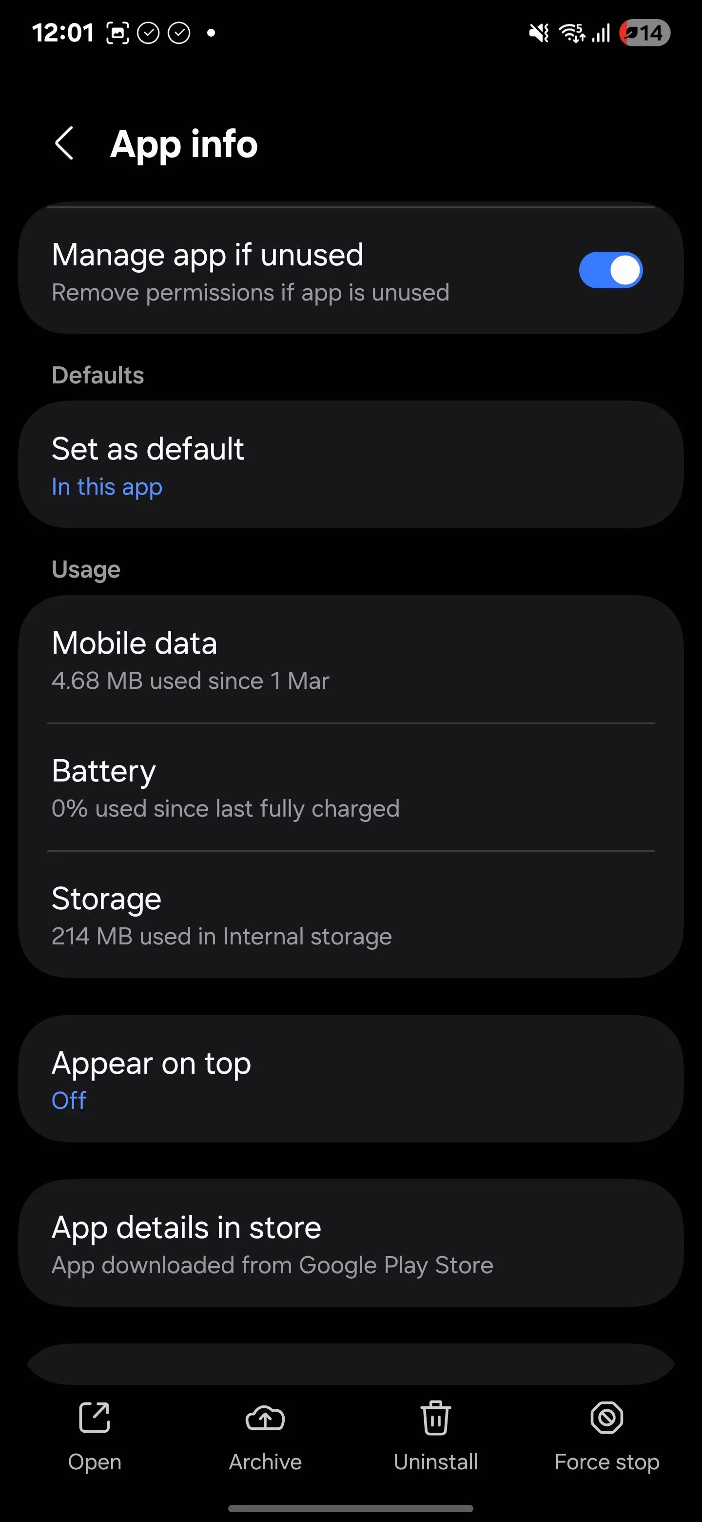 Chi tiết thông tin ứng dụng trong cài đặt điện thoại Samsung Android
