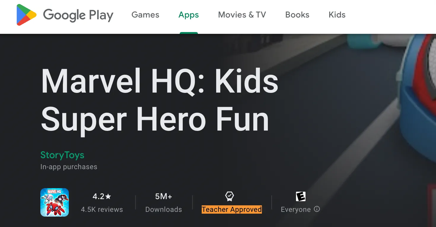 Chi tiết ứng dụng Marvel chủ đề siêu anh hùng dành cho trẻ em trên Google Play Store.