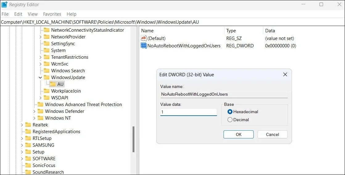 Chỉnh sửa giá trị DWORD để vô hiệu hóa tự khởi động lại trong Registry Editor