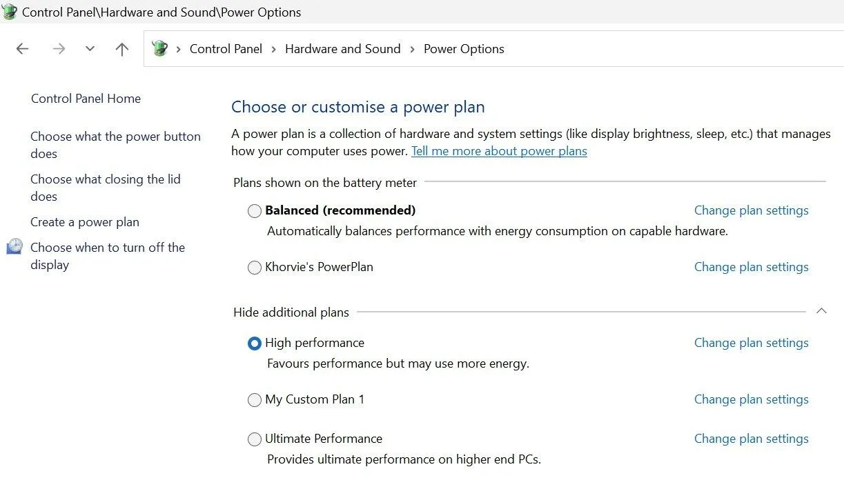 Chọn chế độ nguồn Hiệu suất cao trong Cài đặt Nguồn của Windows.