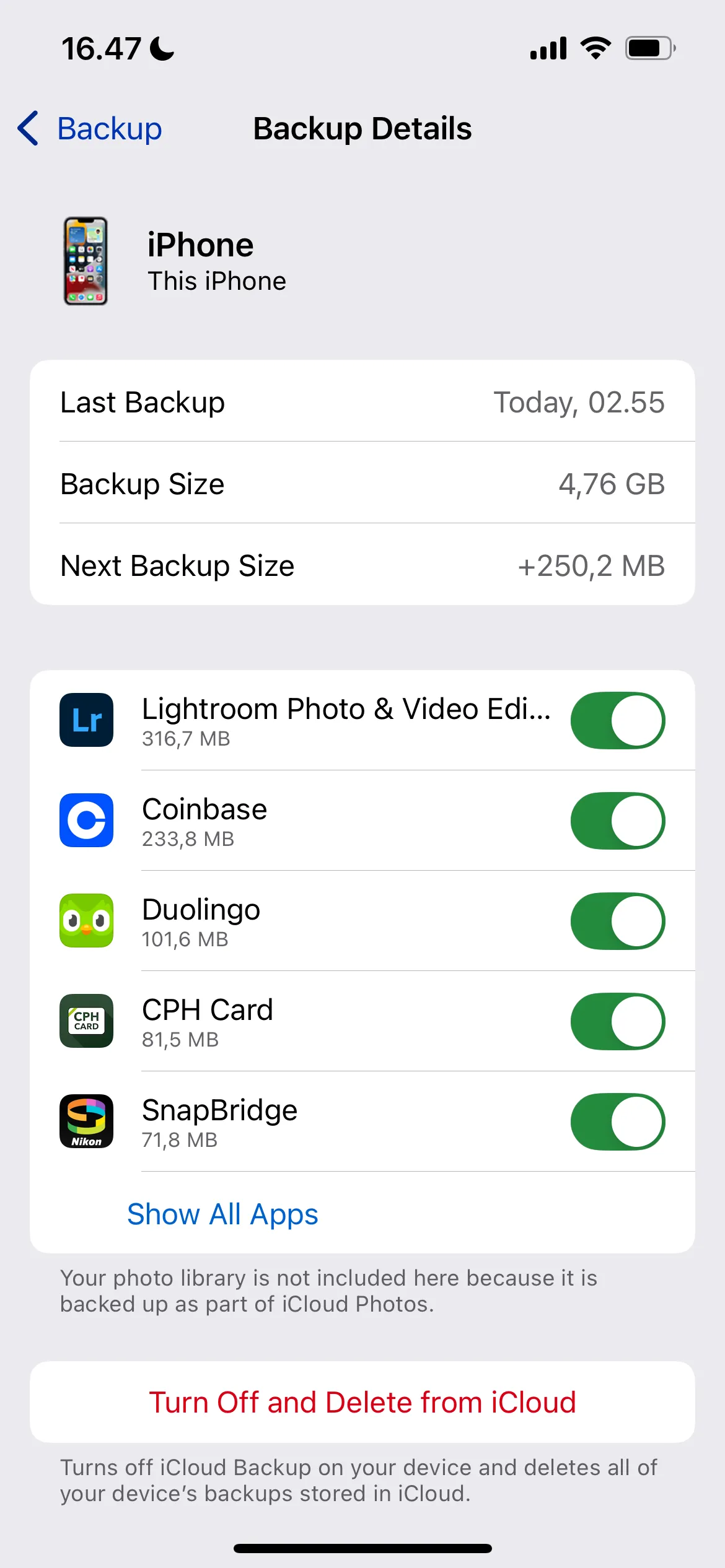 Chọn chi tiết sao lưu iCloud của các ứng dụng để tối ưu