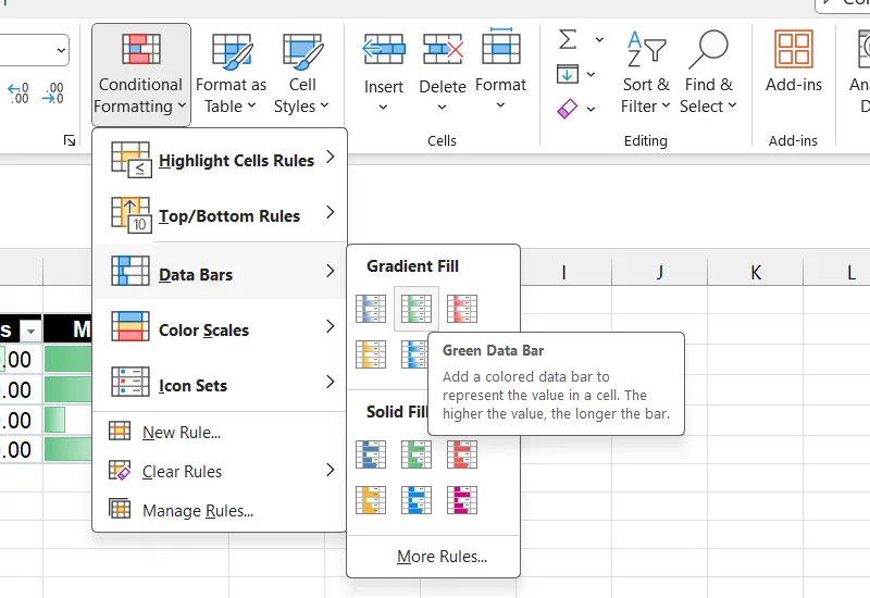 Chọn Data Bars để thêm thanh dữ liệu vào bảng tính Excel