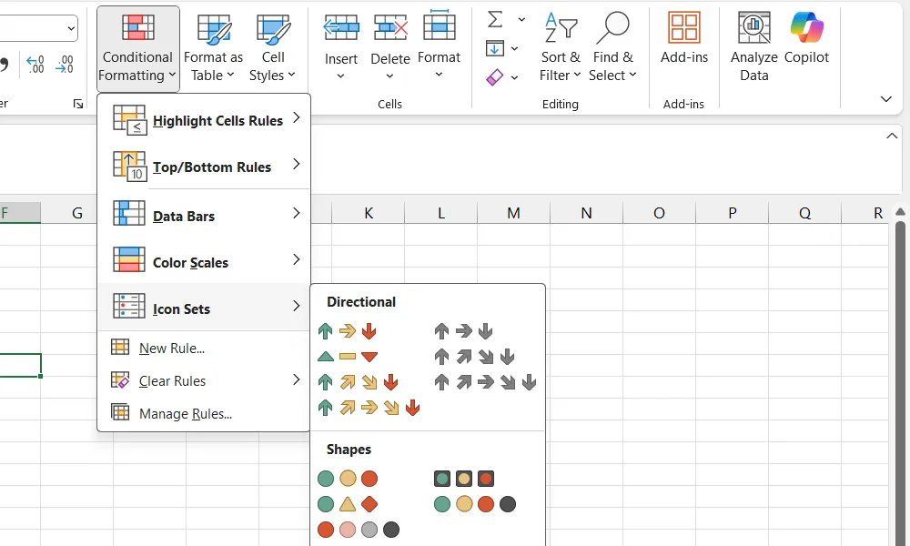Chọn loại biểu tượng mong muốn trong tùy chọn Icon Sets của Excel