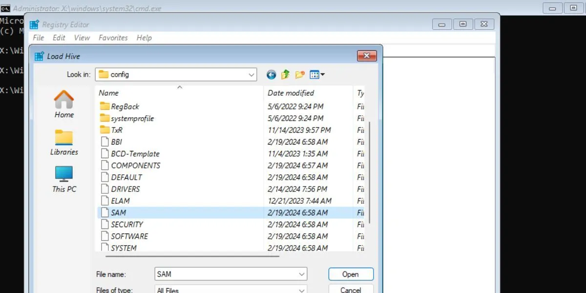 Chọn tệp SAM để tải Hive trong Registry Editor
