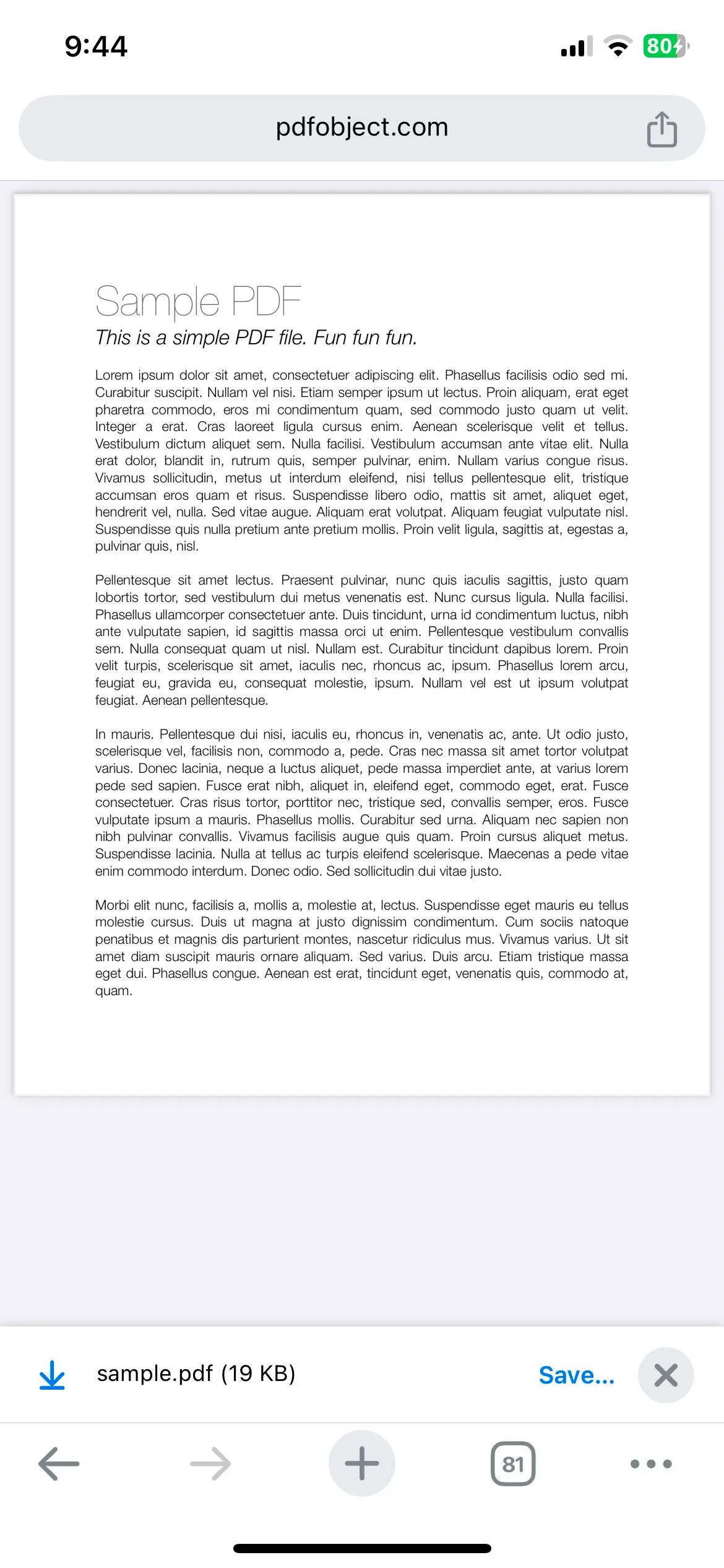Chrome hiển thị tệp PDF mẫu trên iPhone và tùy chọn lưu vào Google Drive
