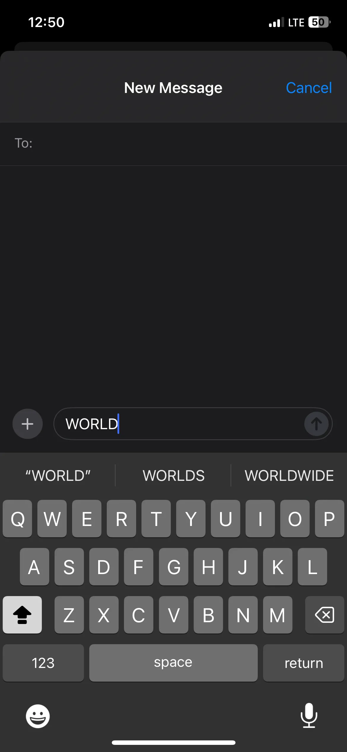 Chữ &quot;WORLD&quot; được viết hoa hoàn toàn trong ứng dụng Tin nhắn iPhone