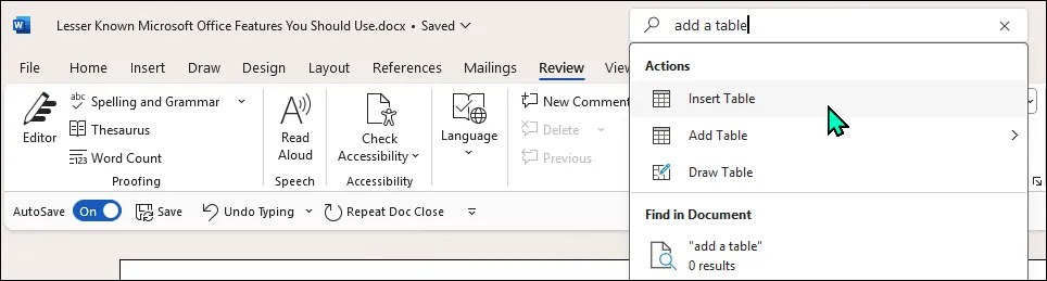 Chức năng tìm kiếm Microsoft Search trong ứng dụng Word trên Windows 11 giúp người dùng dễ dàng truy cập lệnh.