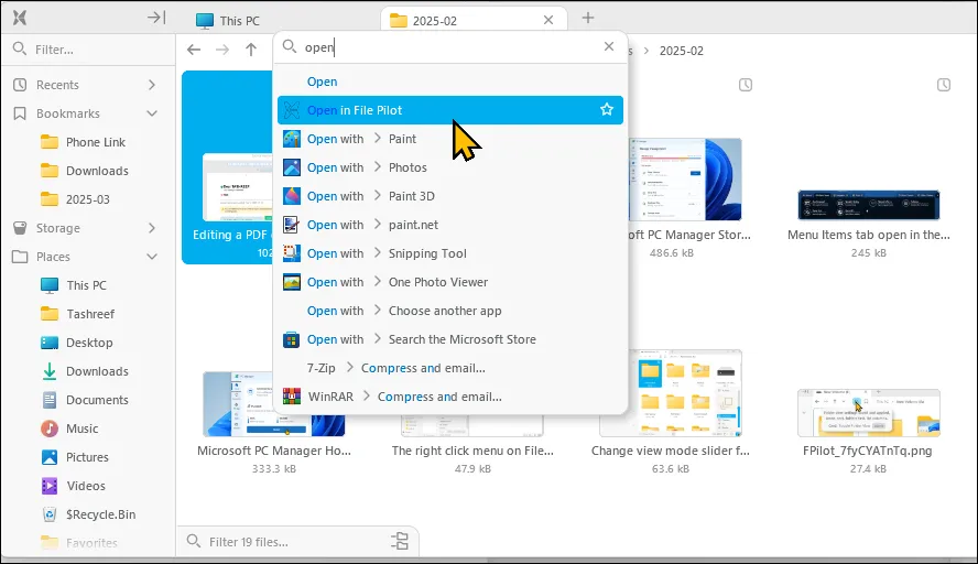 Chức năng tìm kiếm trong menu ngữ cảnh của File Pilot
