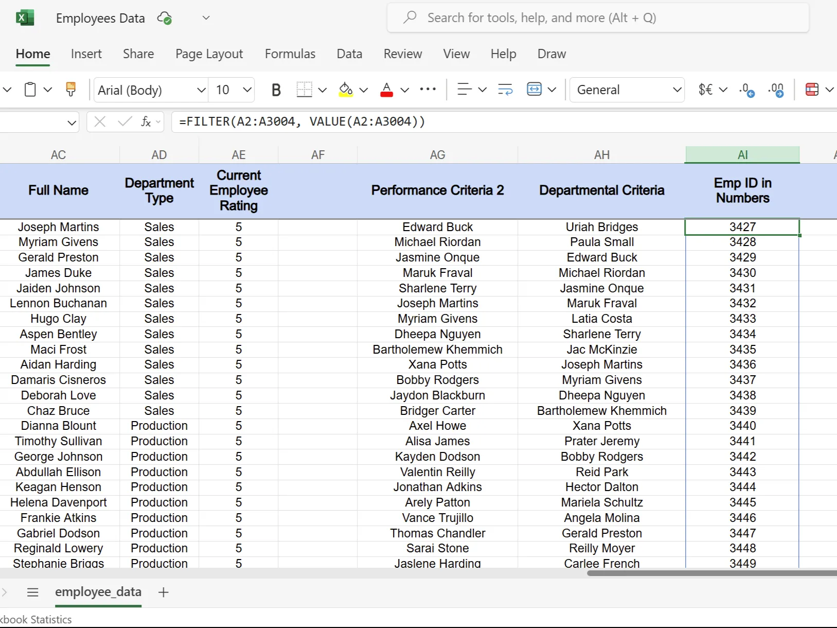 Chuyển đổi ID nhân viên dạng văn bản sang số bằng hàm VALUE để lọc trong Excel