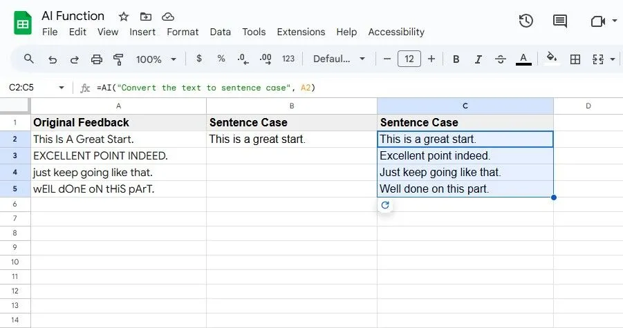 Chuyển đổi một dải ô sang định dạng câu bằng AI trong Google Sheets