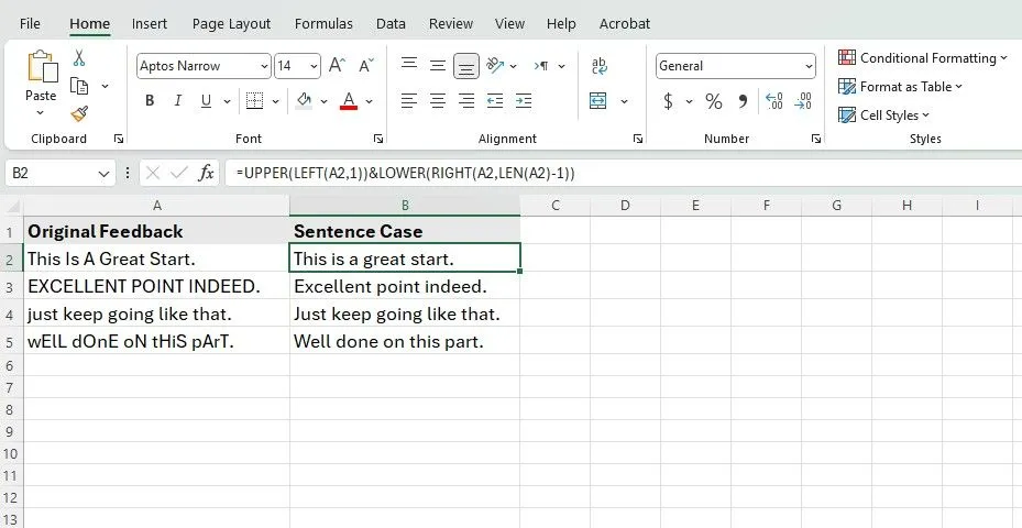 Chuyển đổi văn bản sang định dạng câu trong Excel