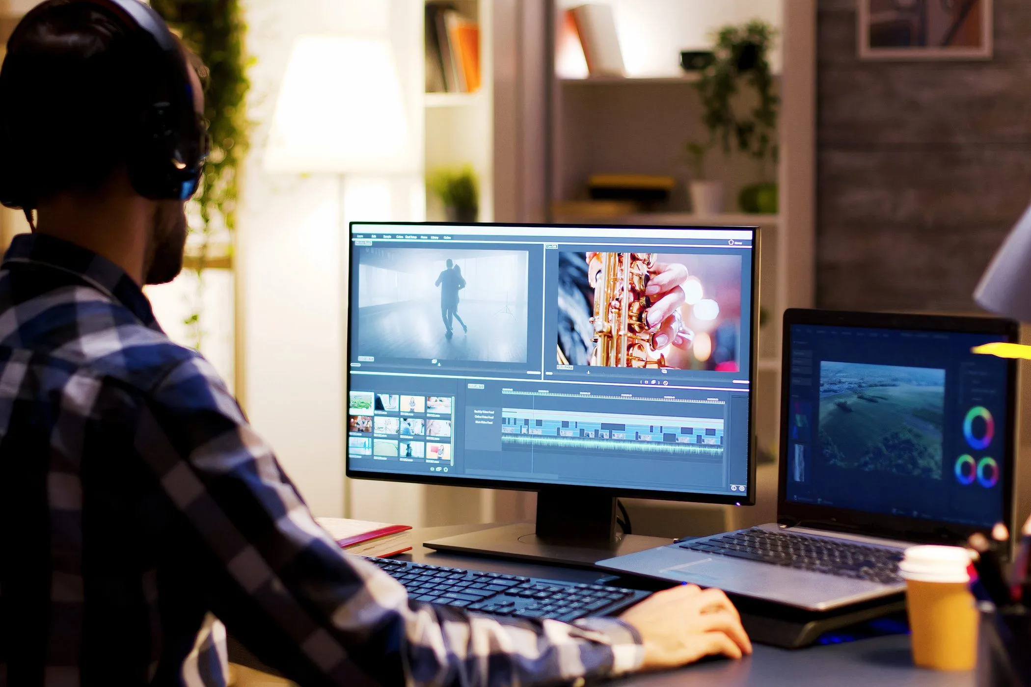 Chuyên gia đồ họa chỉnh sửa video trên máy tính, minh họa công việc đòi hỏi màn hình 4K sắc nét với mật độ điểm ảnh cao.