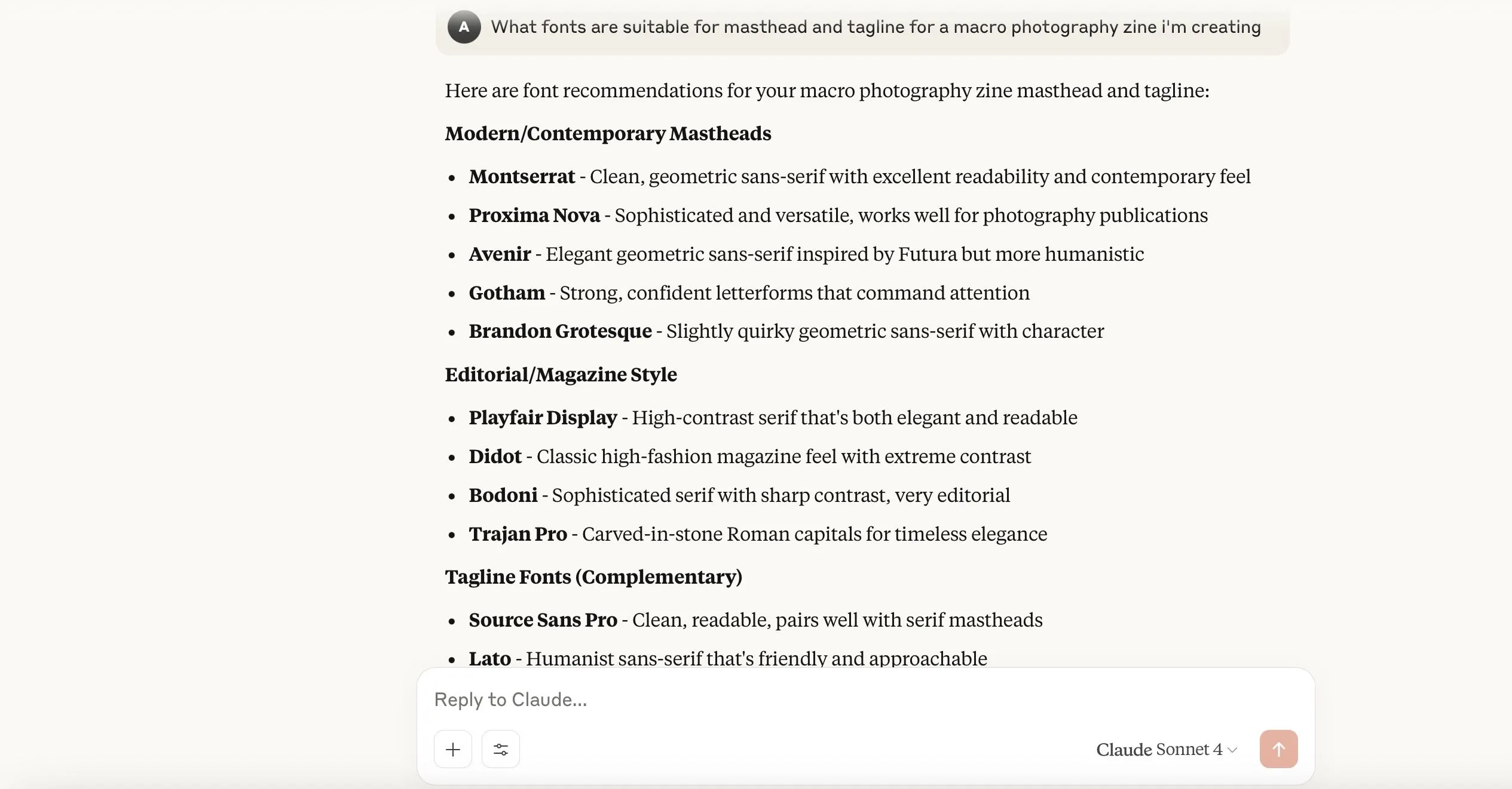 Claude hiển thị các ý tưởng về thiết kế typography với định dạng dễ đọc