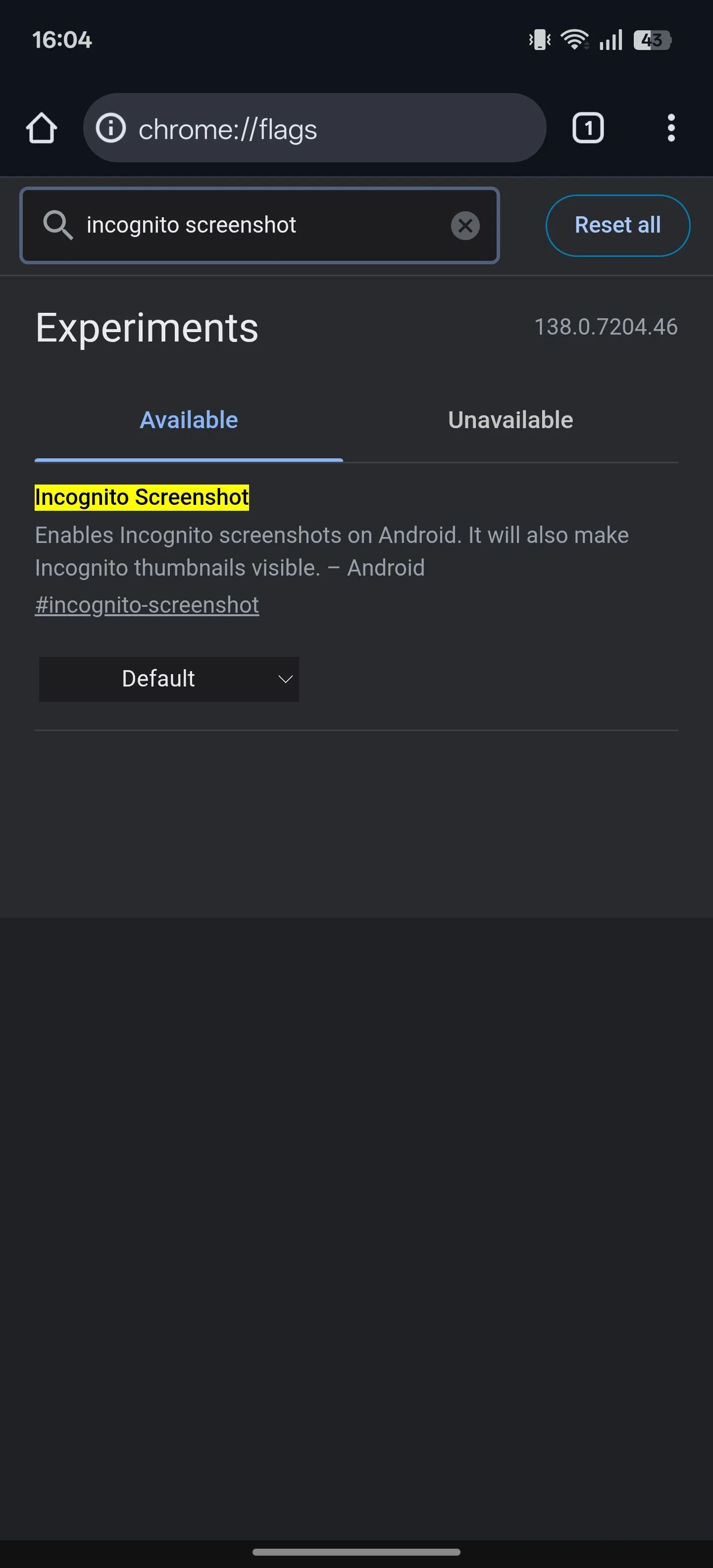 Cờ (Flag) &quot;Incognito Screenshot&quot; hiển thị trên trang chrome://flags cho phép chụp màn hình ẩn danh.