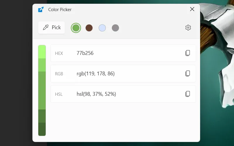 Công cụ chọn màu PowerToys (Color Picker) trên Windows hiển thị giao diện để lấy và quản lý mã màu.