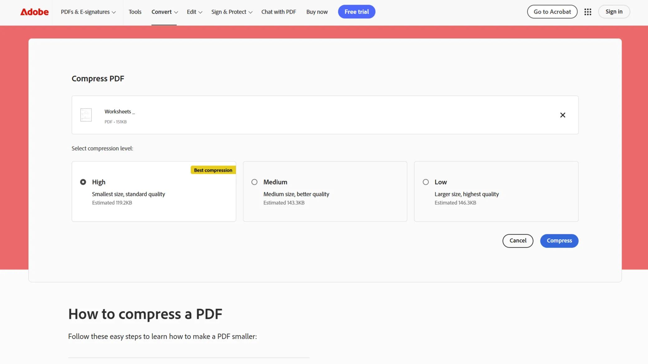 Công cụ nén PDF online của Adobe hiển thị tùy chọn nén và kích thước dự kiến
