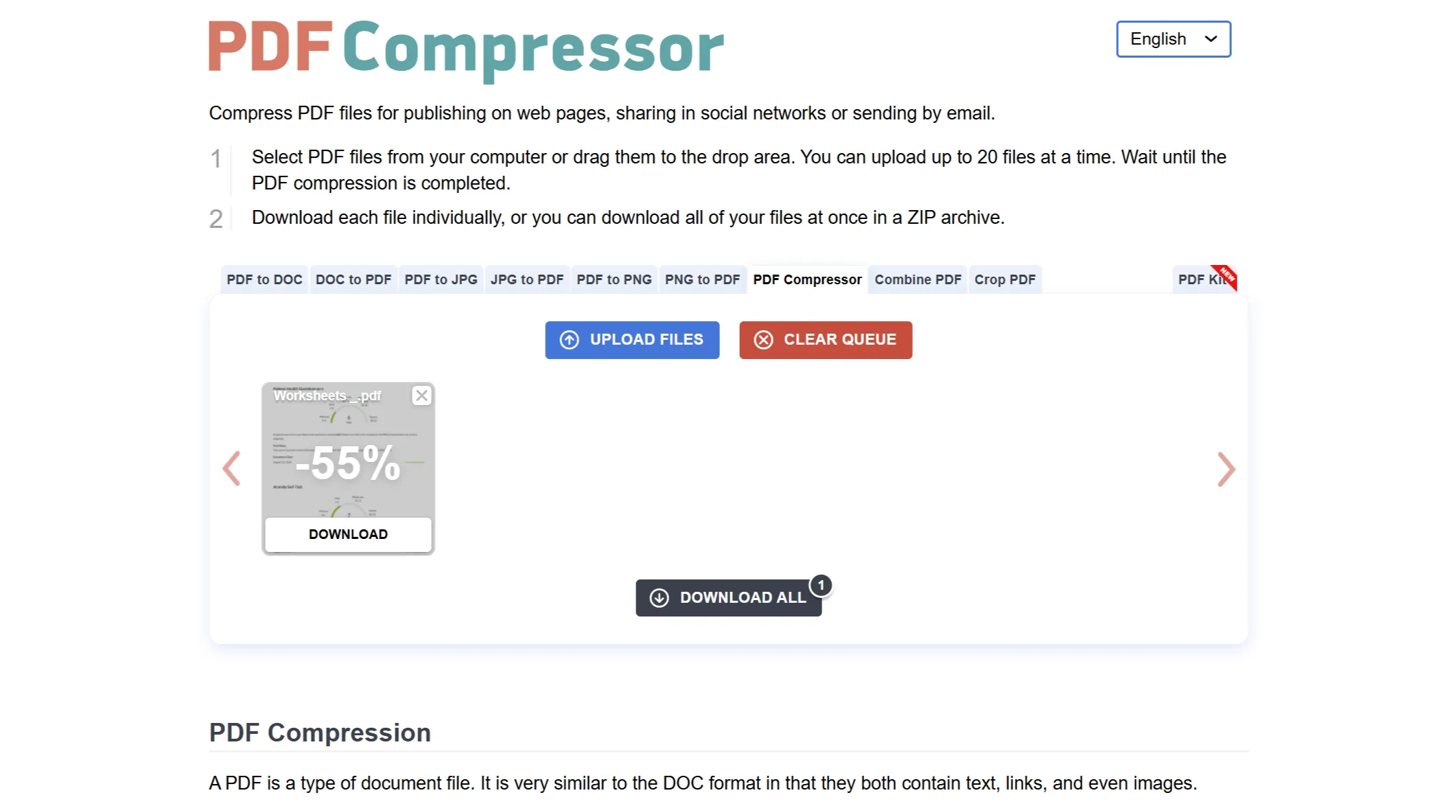 Công cụ PDF Compressor hiển thị phần trăm dung lượng PDF được nén hiệu quả