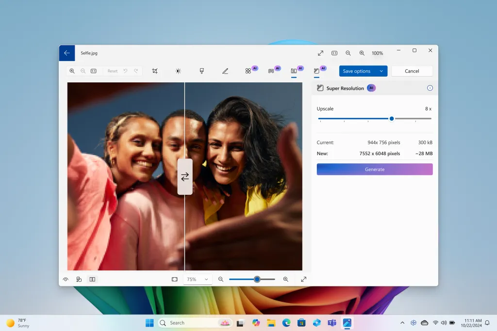 Công cụ Super Resolution trong ứng dụng Photos Windows 11 cải thiện chất lượng ảnh chụp selfie