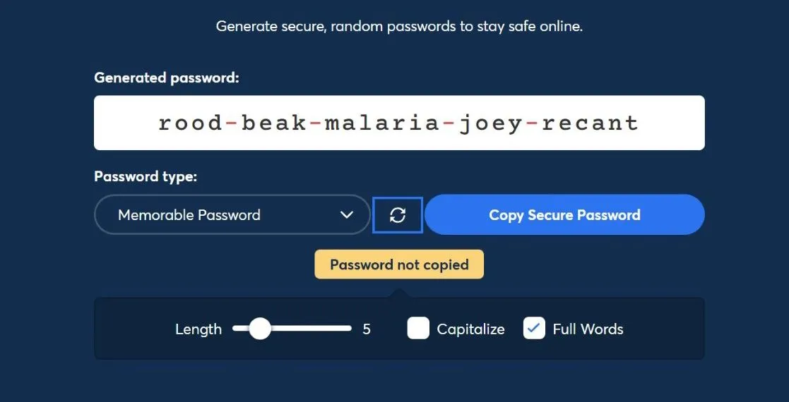 Công cụ tạo cụm mật khẩu (passphrase generator) của 1Password, minh họa cách tạo mật khẩu dài, ngẫu nhiên và dễ nhớ để tăng cường bảo mật.