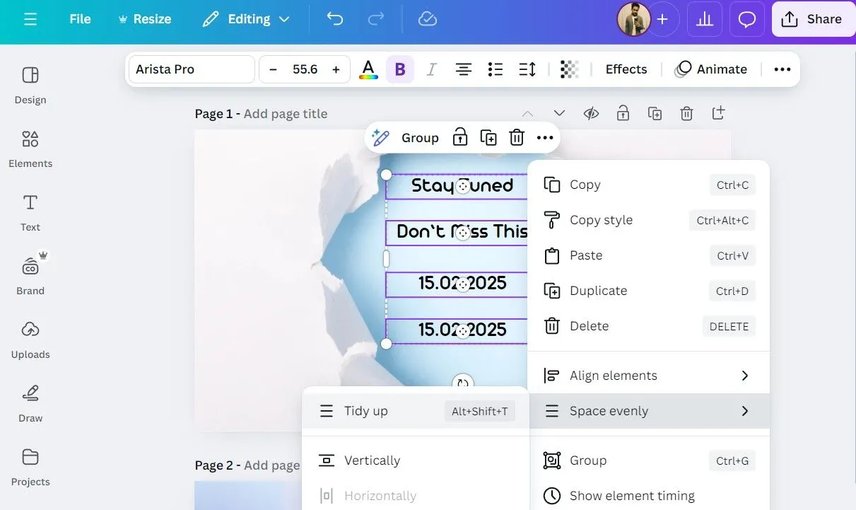 Công cụ &quot;Tidy Up&quot; của Canva giúp tự động sắp xếp và căn chỉnh đều các yếu tố đã chọn, tạo bố cục gọn gàng.