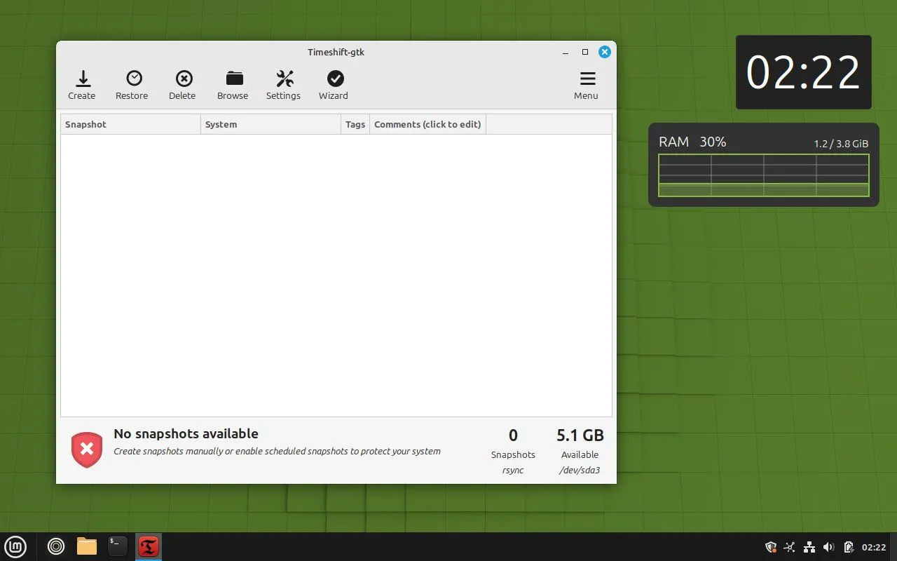 Công cụ Timeshift tích hợp trên Linux Mint, giúp tạo bản sao lưu hệ thống định kỳ, đảm bảo an toàn khi cập nhật.
