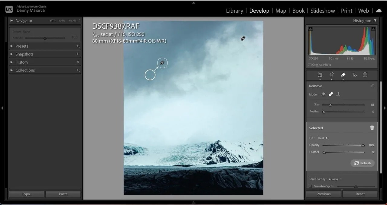 Công cụ Xóa Khuyết Điểm (Spot Removal) trong Lightroom đang hoạt động