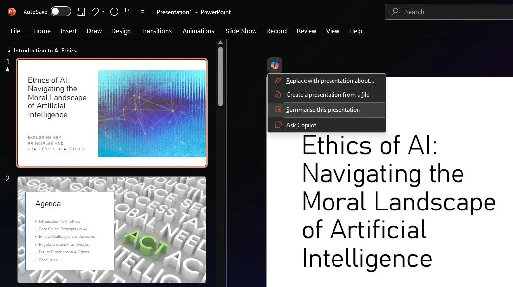 Copilot tóm tắt bài thuyết trình trong PowerPoint
