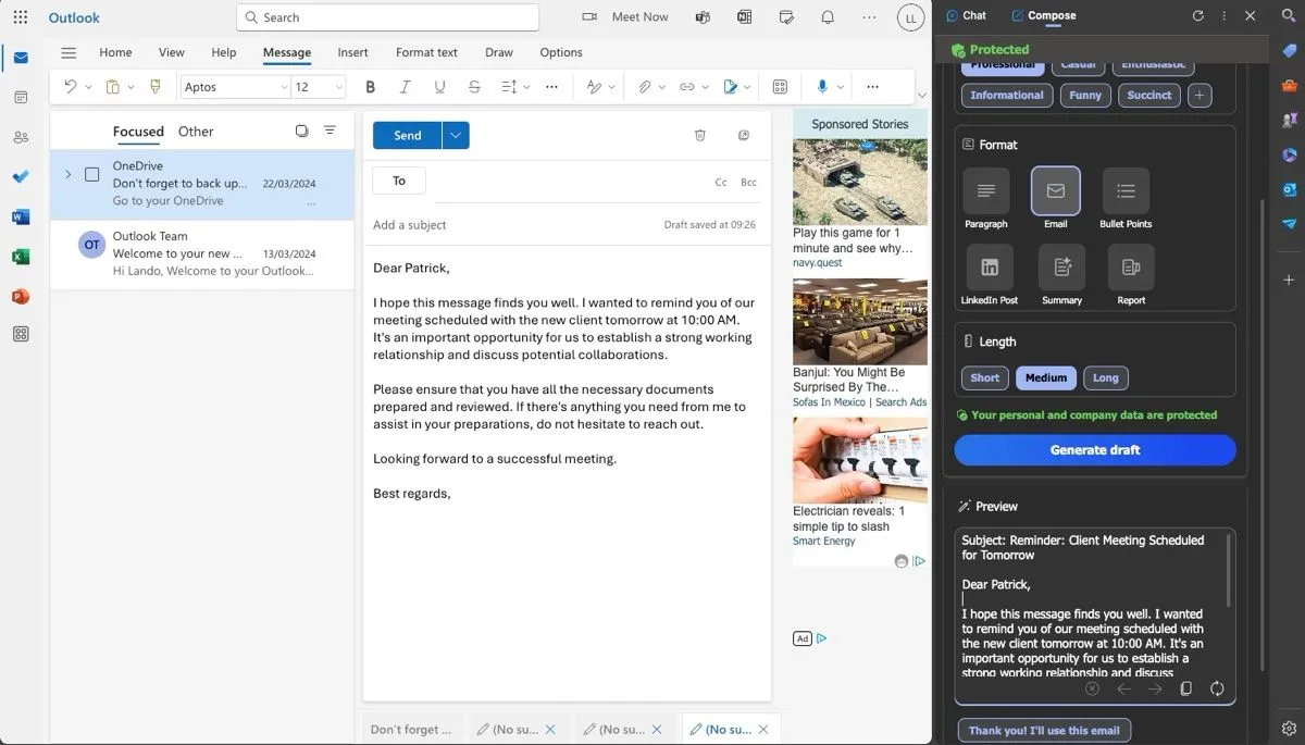 Copilot trong trình duyệt Edge hỗ trợ soạn thảo email tự động