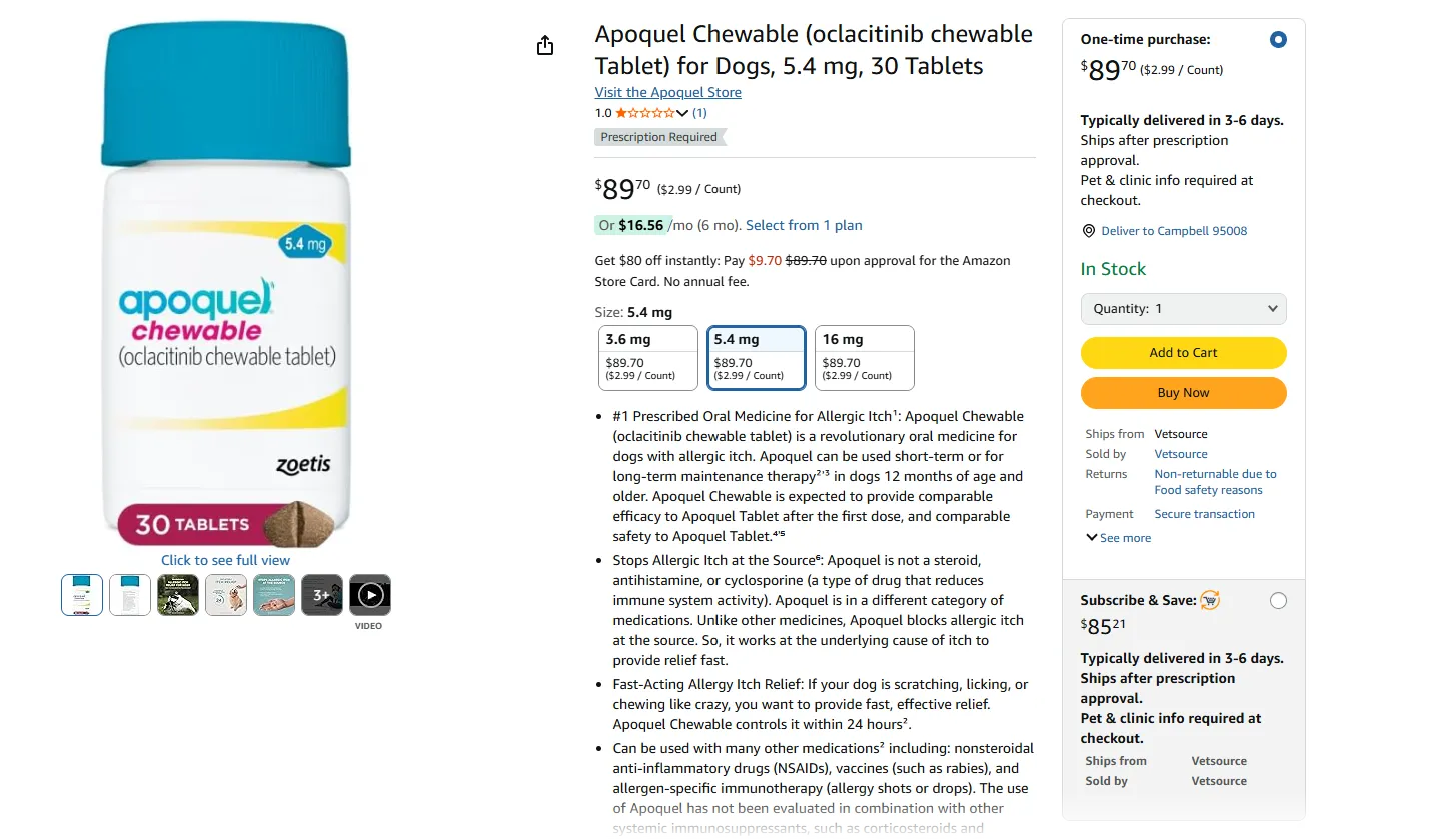 Cửa hàng Vetsource trên Amazon, hiển thị giao diện mua sắm thuốc thú cưng kê đơn trực tuyến tiện lợi