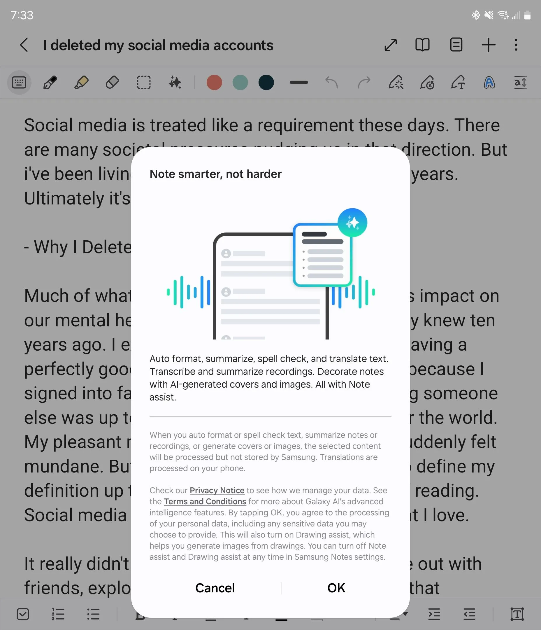 Cửa sổ bật lên giới thiệu tính năng Trợ lý Ghi chú (Note Assist) trong ứng dụng Samsung Notes
