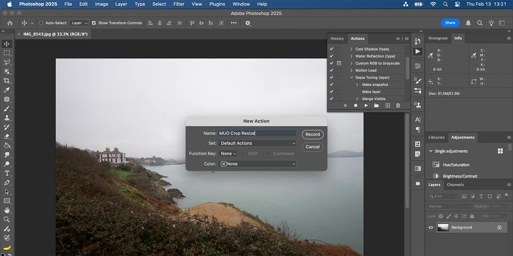 Cửa sổ bật lên tạo Action Photoshop mới