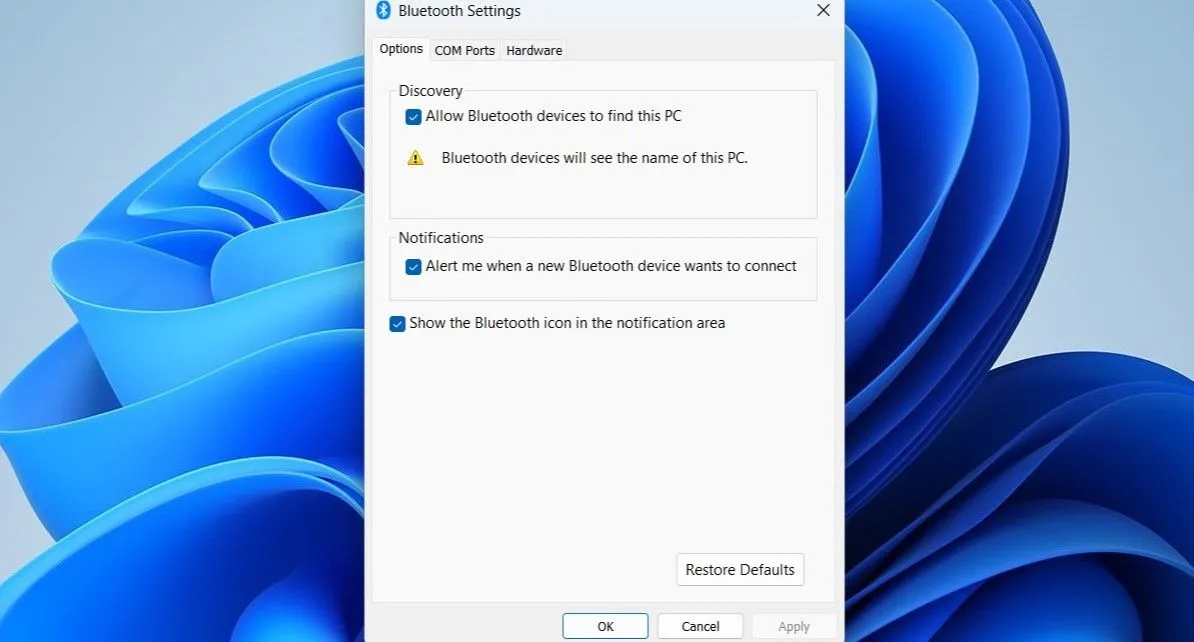 Cửa sổ cài đặt Bluetooth để hiển thị biểu tượng Bluetooth trên thanh thông báo