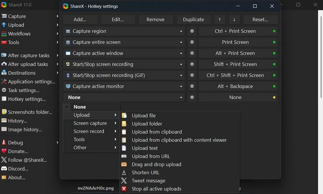 Cửa sổ cài đặt phím tắt (Hotkey settings) trong ShareX giúp người dùng cá nhân hóa trải nghiệm