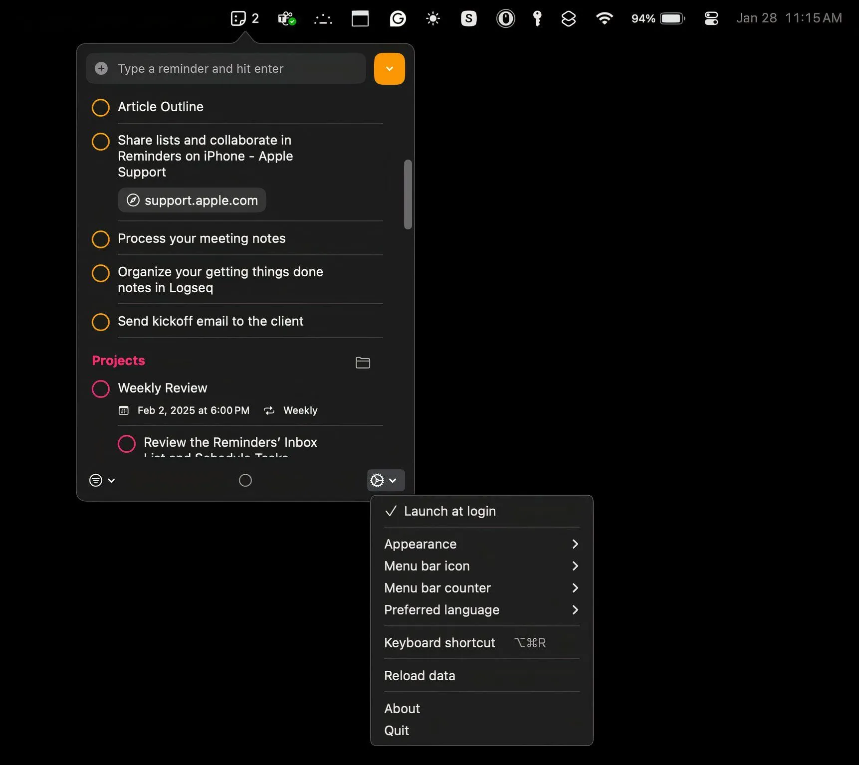 Cửa sổ cài đặt ứng dụng Reminders MenuBar trên macOS