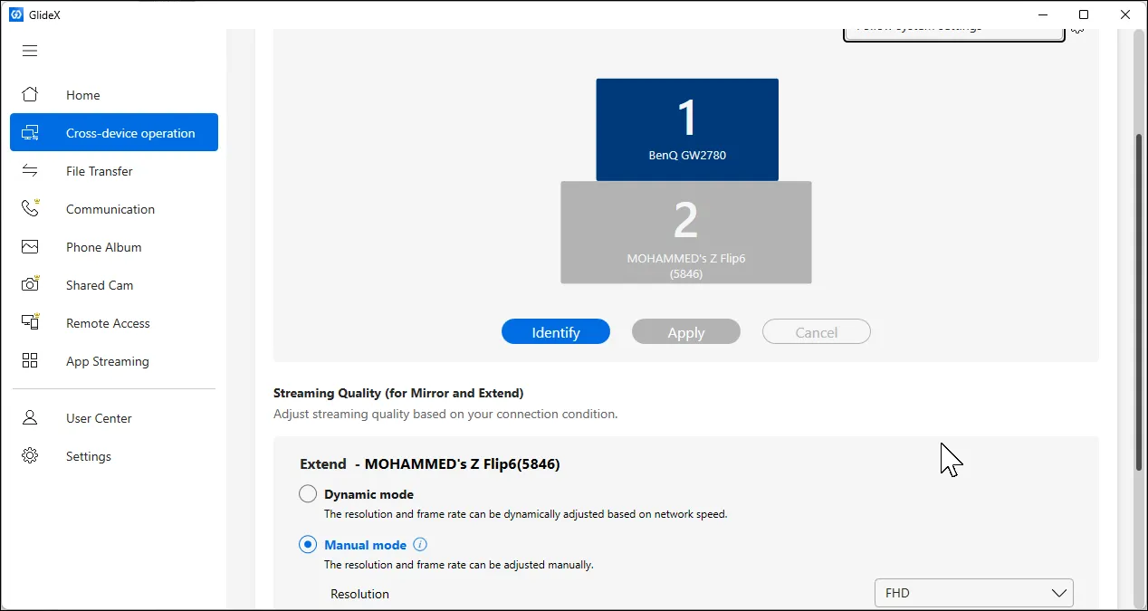 Cửa sổ cấu hình hiển thị GlideX cho phép thiết lập màn hình kép và tùy chỉnh chất lượng truyền tải hình ảnh
