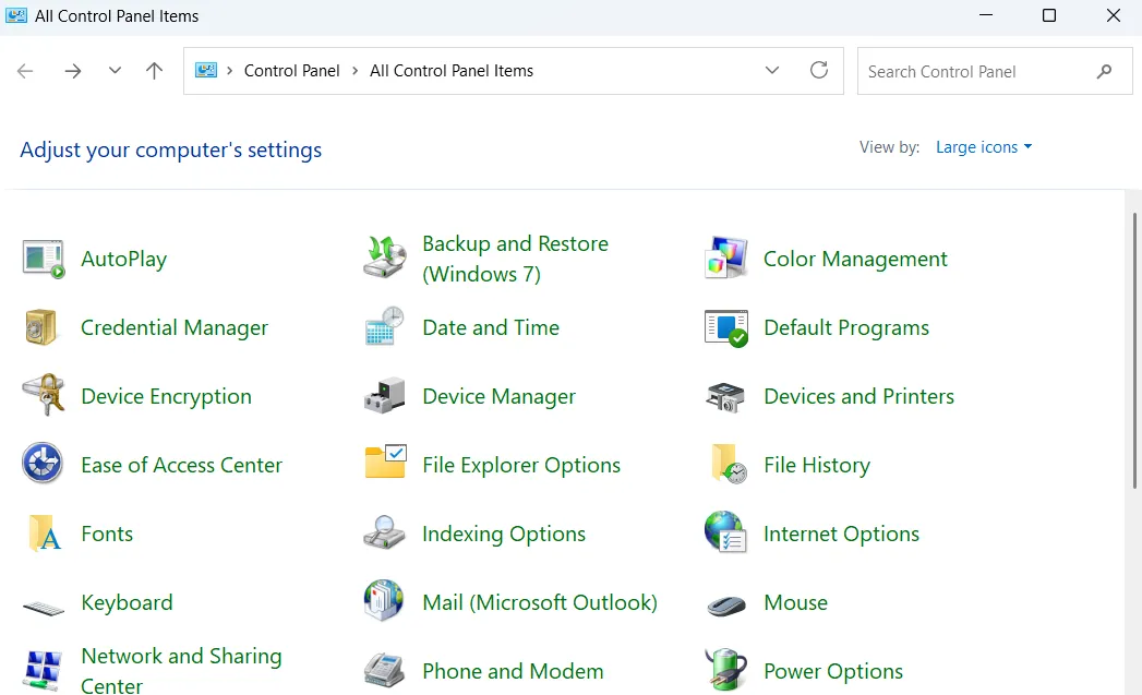Cửa sổ Control Panel (Bảng Điều Khiển) trên Windows 11, hiển thị tất cả các mục và cài đặt hệ thống.