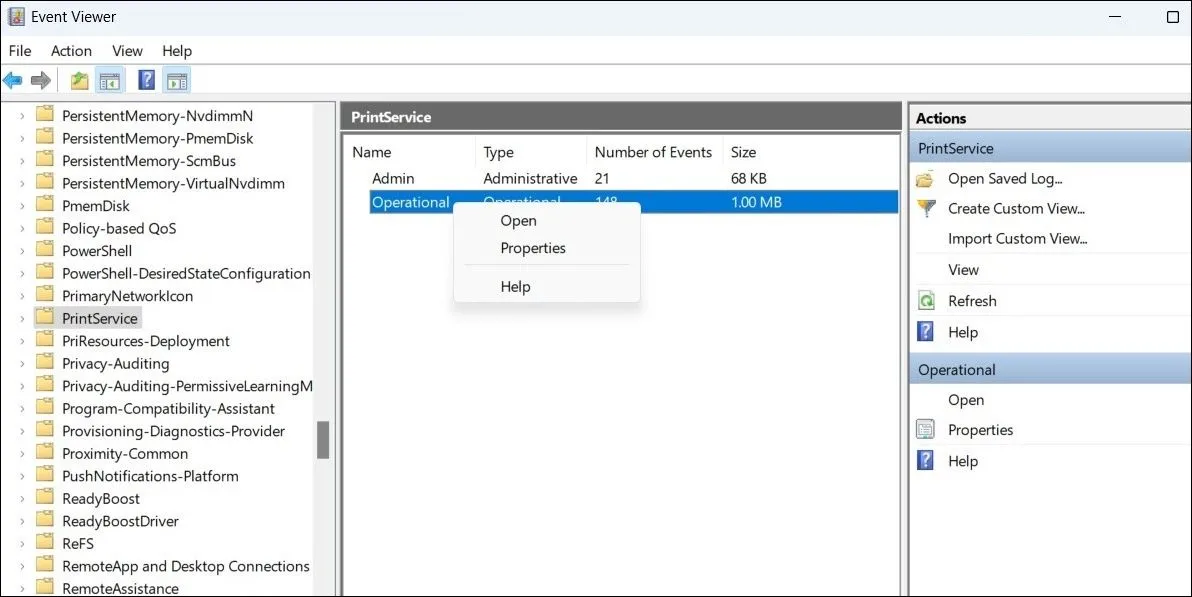Cửa sổ Event Viewer hiển thị tùy chọn Operational của PrintService để cấu hình nhật ký in