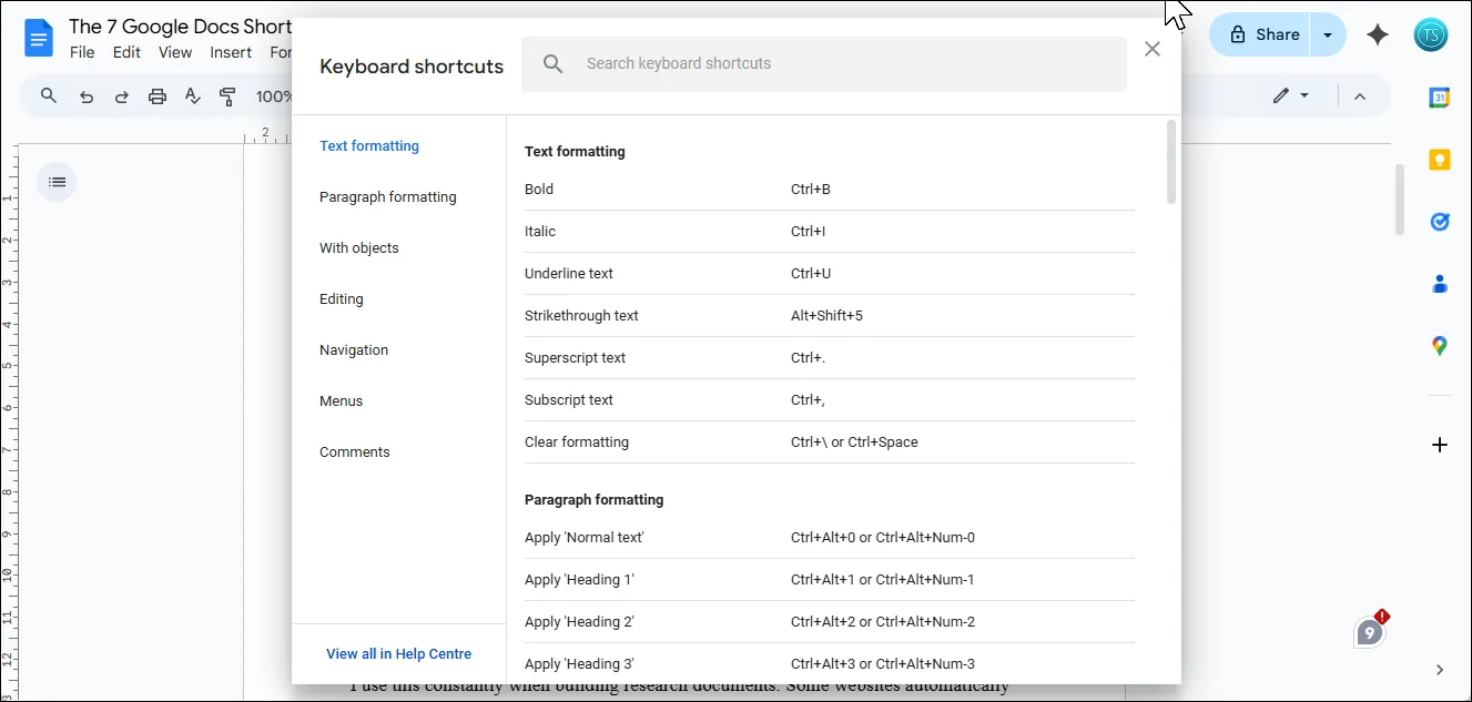 Cửa sổ hiển thị danh sách tất cả phím tắt trong Google Docs giúp người dùng tra cứu