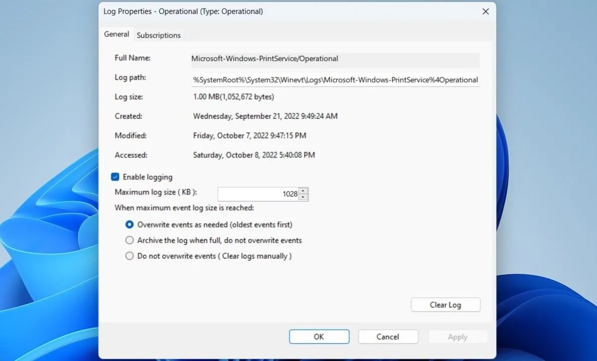Cửa sổ Log Properties của Event Viewer, nơi bật tính năng ghi lịch sử in trên Windows