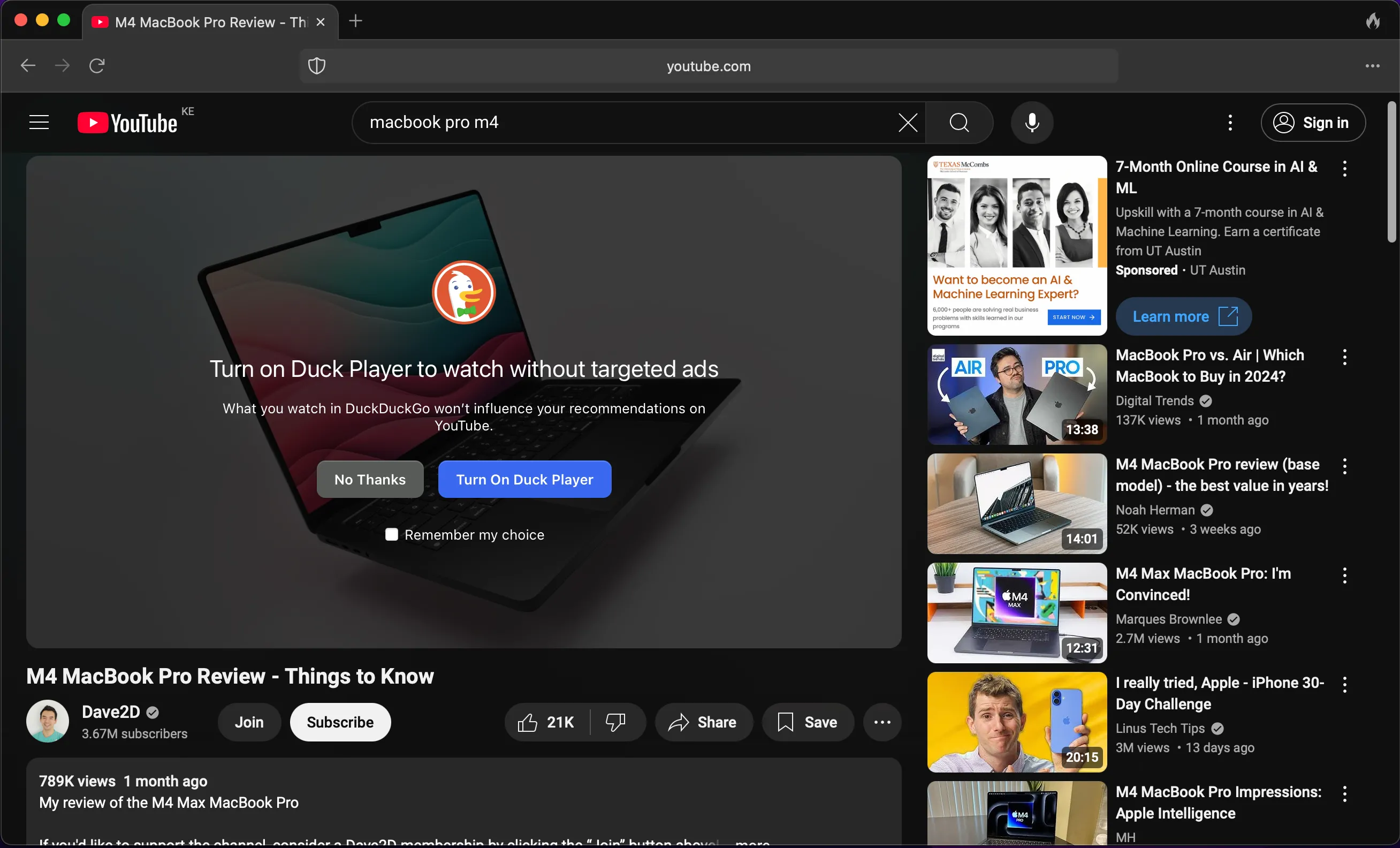 Cửa sổ lựa chọn Duck Player trong trình duyệt DuckDuckGo, cho phép xem YouTube riêng tư