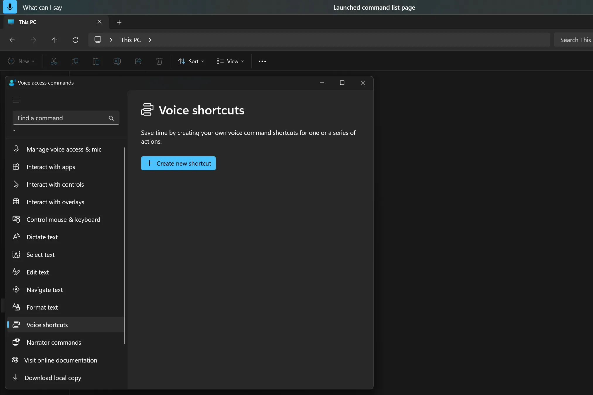 Cửa sổ &quot;Phím tắt giọng nói&quot; trong cài đặt Voice Access của Windows 11.