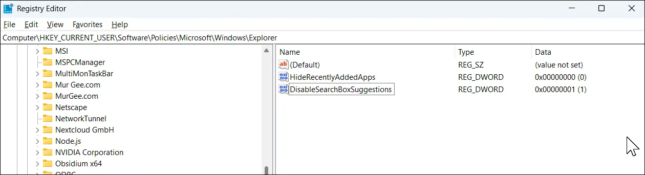 Cửa sổ Registry Editor trên Windows 11 để chỉnh sửa cài đặt tìm kiếm