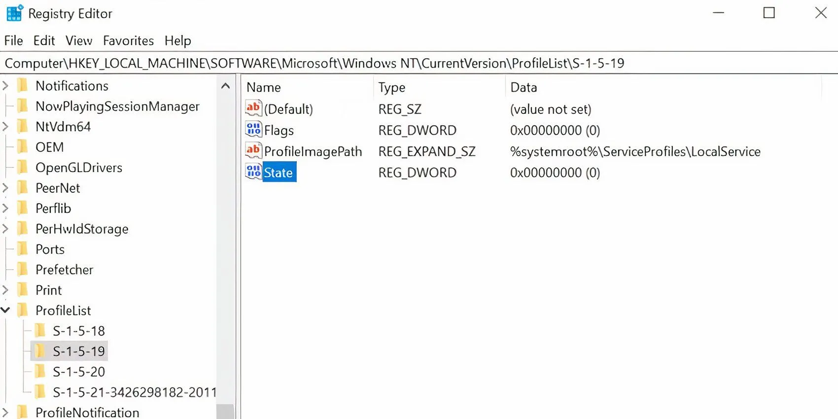 Cửa sổ Registry Editor với khóa con Profile List