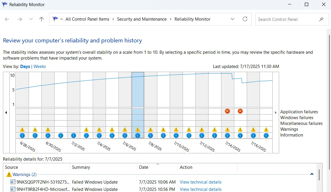 Cửa sổ Reliability Monitor (Giám Sát Độ Tin Cậy) trong Windows 11, hiển thị biểu đồ ổn định hệ thống theo thời gian.