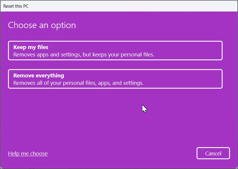 Cửa sổ Reset This PC với các tùy chọn đặt lại trong Windows 11